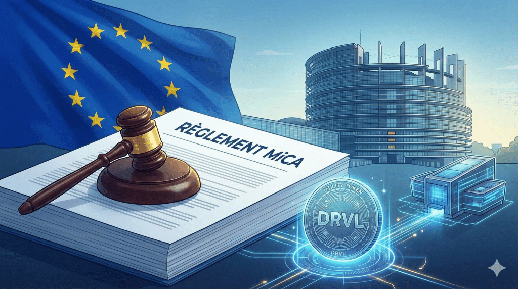 Illustration of the MiCA regulation with a legal document, a gavel, the European Union flag, a DRVL Utility Token digital token, and the European Parliament building.
