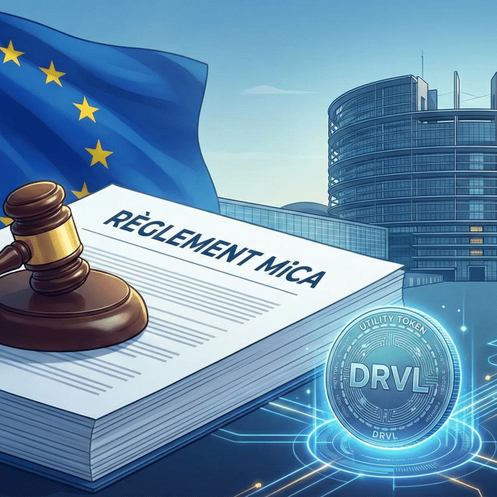 Ilustración del reglamento MiCA con un documento legal, un martillo de justicia, la bandera de la Unión Europea, un token digital DRVL Utility Token y el edificio del Parlamento Europeo.