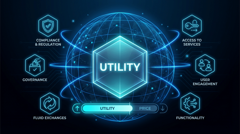 Digital illustration of a utility token in a blockchain ecosystem, highlighting access to services, governance, and user engagement.