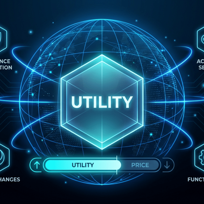 Ilustración digital de un token de utilidad en un ecosistema blockchain, que destaca el acceso a los servicios, la gobernanza y el compromiso de los usuarios.