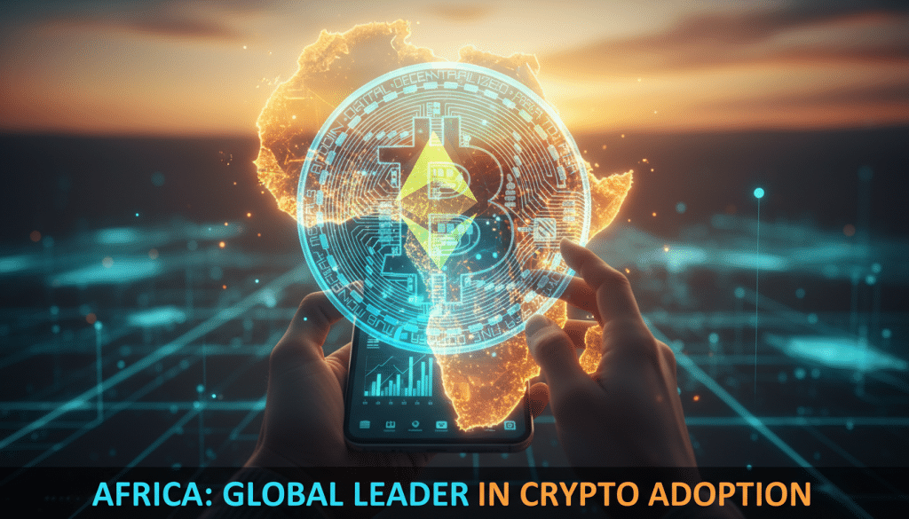 Stylised map of Africa with a hand using a smartphone to interact with a cryptocurrency, symbolising financial inclusion through crypto in Africa.