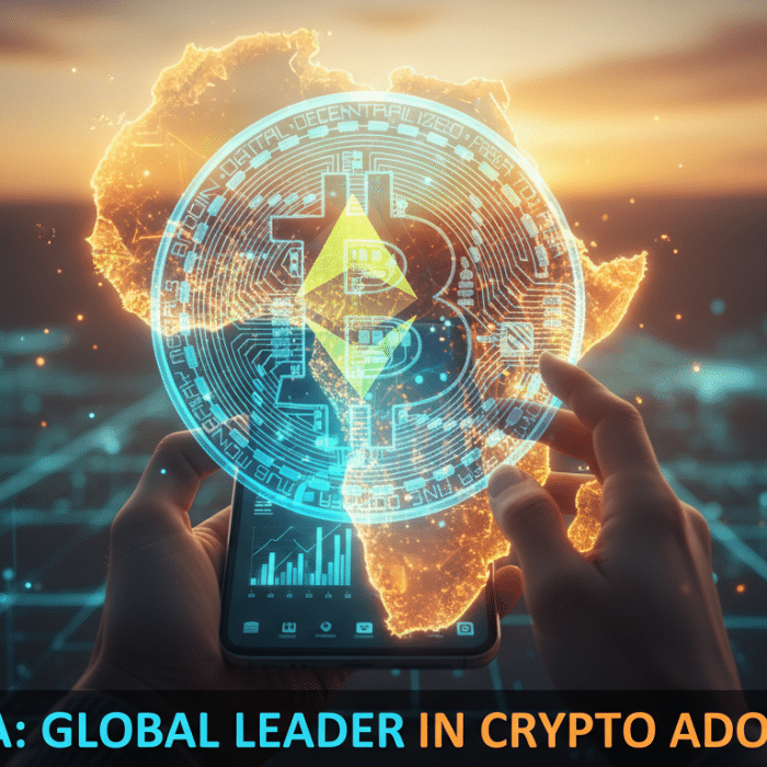 Mapa estilizado de África con una mano utilizando un smartphone para interactuar con una criptomoneda, simbolizando la inclusión financiera a través de las criptomonedas en África.