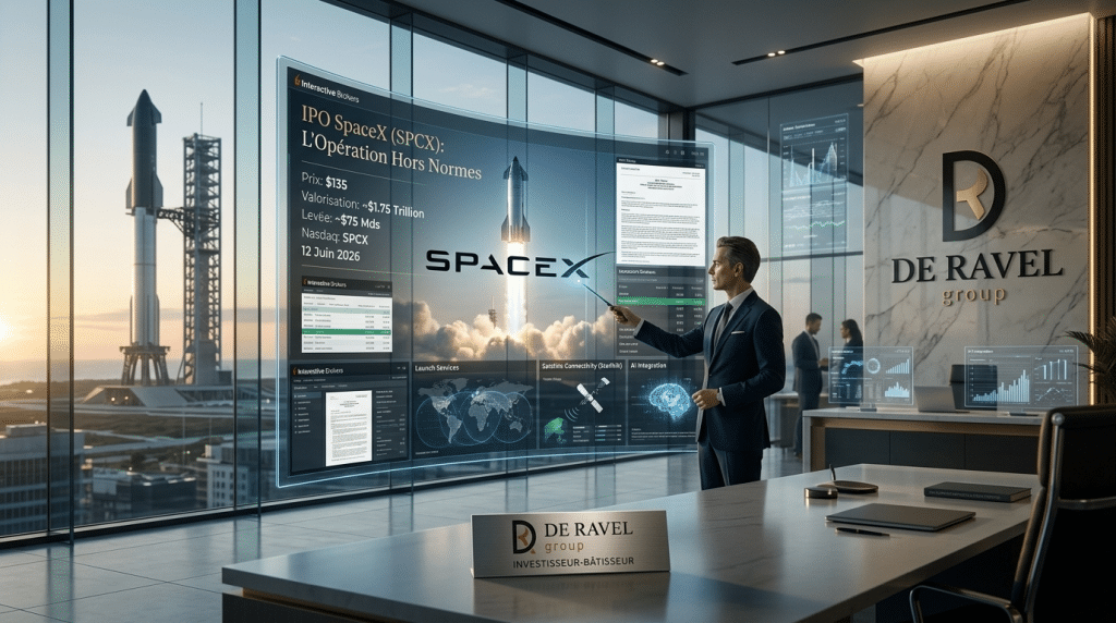 Apresentação da oferta pública inicial (IPO) da SpaceX (SPCX) nos escritórios do Ravel Group: ecrãs de análise e foguetão da SpaceX no momento do lançamento.