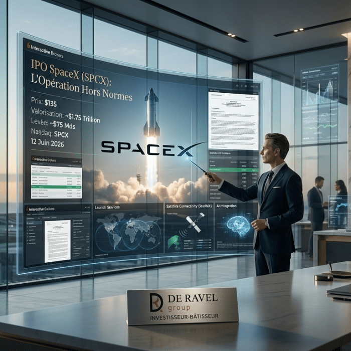 Présentation de l'IPO SpaceX (SPCX) dans les bureaux de Ravel Group : écrans d'analyse et fusée SpaceX au lancement.
