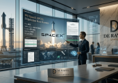 Présentation de l'IPO SpaceX (SPCX) dans les bureaux de Ravel Group : écrans d'analyse et fusée SpaceX au lancement.