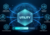 Digital illustration of a utility token in a blockchain ecosystem, highlighting access to services, governance, and user engagement.
