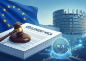 Illustration of the MiCA regulation with a legal document, a gavel, the European Union flag, a DRVL Utility Token digital token, and the European Parliament building.