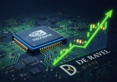 Puce NVIDIA (GPU) illuminée sur circuit numérique avec graphique boursier ascendant, représentant l'investissement stratégique de De Ravel Group dans l'infrastructure IA.